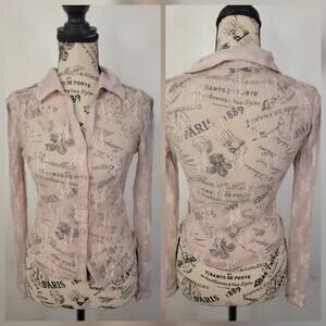 Dylan Ryan Button Up Sheer Fitted Top SZ M Floral Mesh Whimsical Pink Y2K